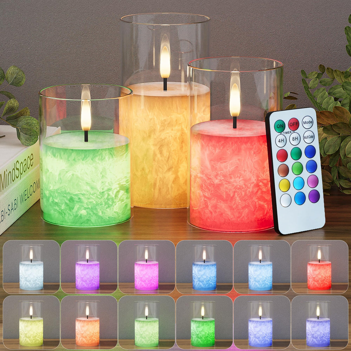 VIODAIM 12Colors ice crystal glass flameless candle with remote for safe ambience