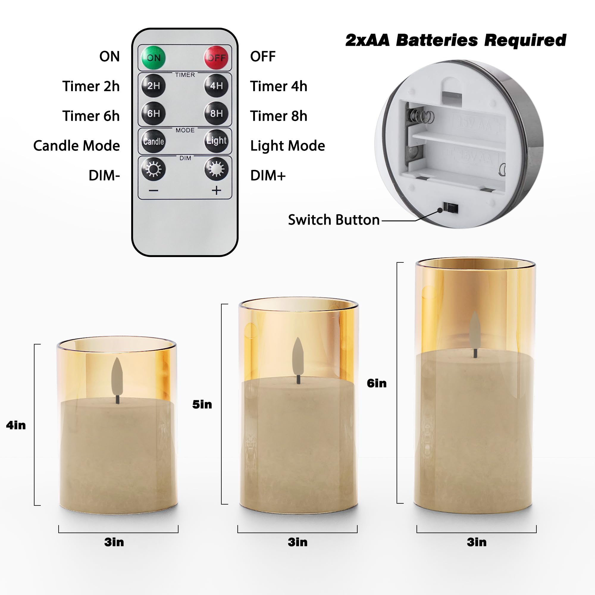 VIODAIM gold glass flameless candle with 3D wick for warm romantic lighting