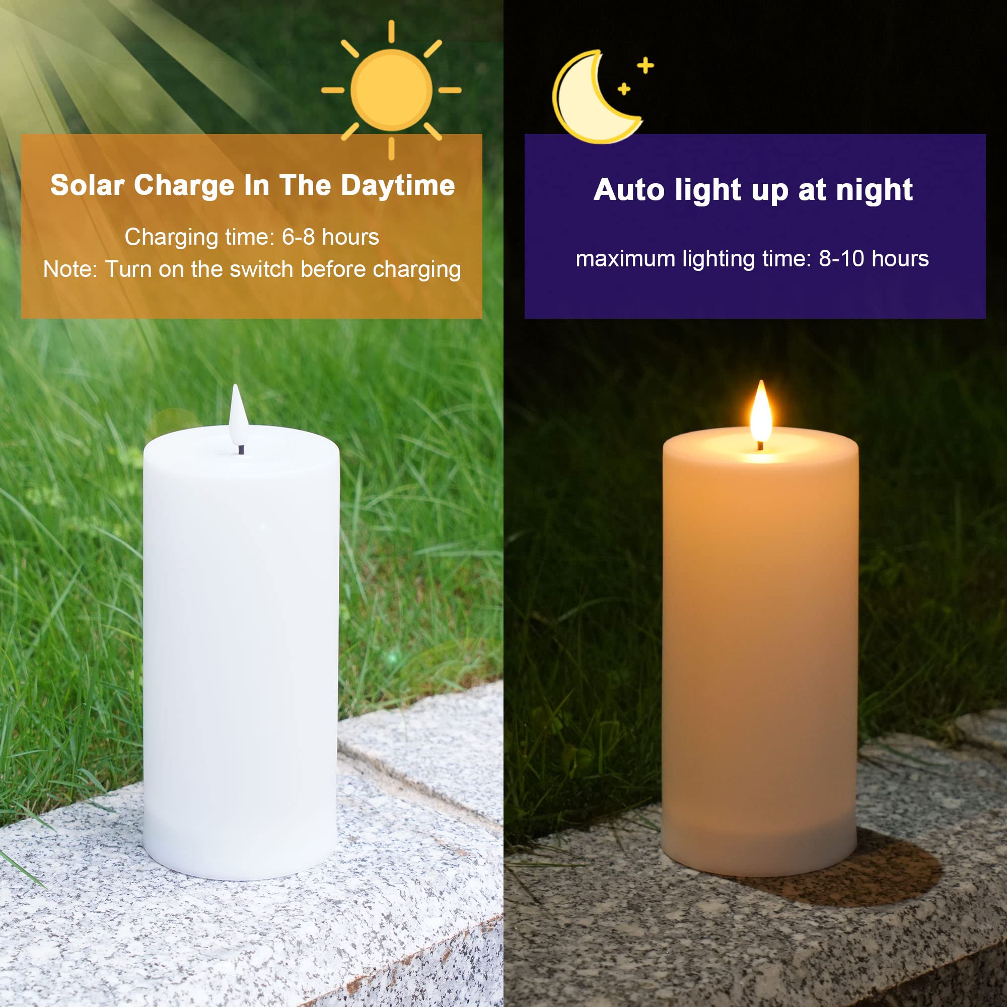 VIODAIM solar candles outdoor 3x5 inch, weatherproof pillars for evenings