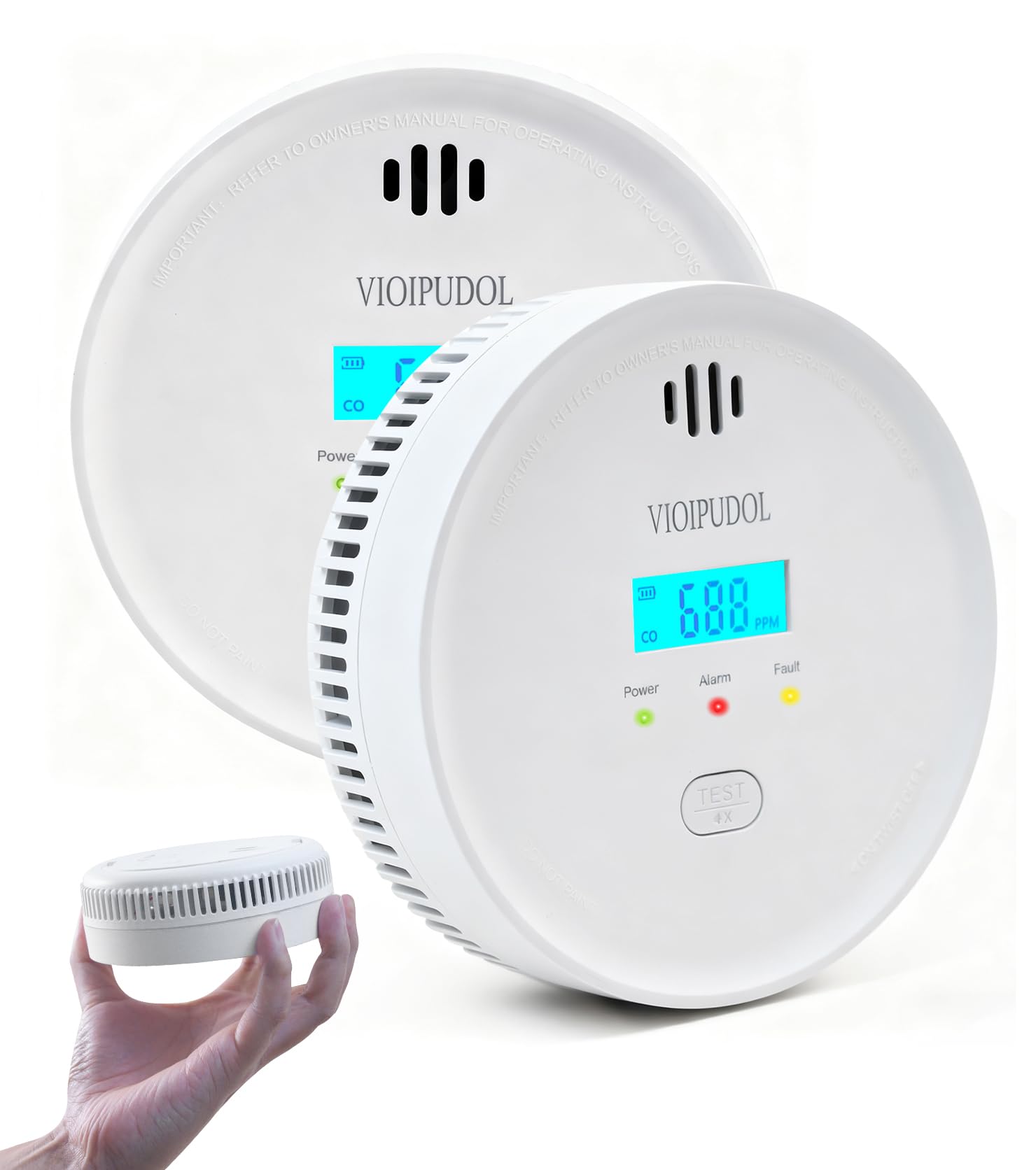 VIOIPUDOL smoke-co detector with digital display shows current status at a glance.