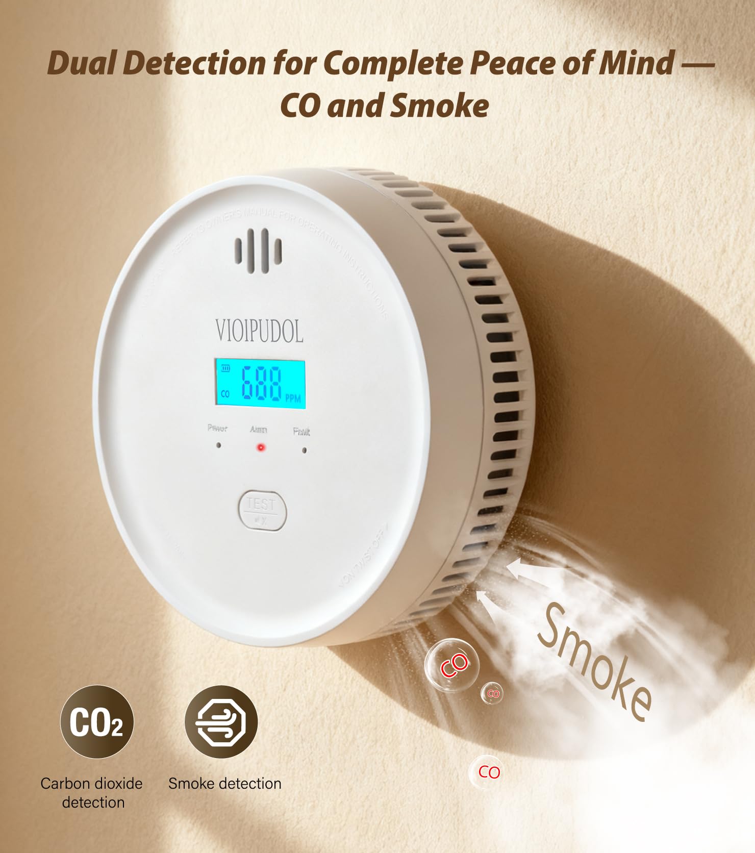 VIOIPUDOL test-silence button enables monthly checks and silence control.