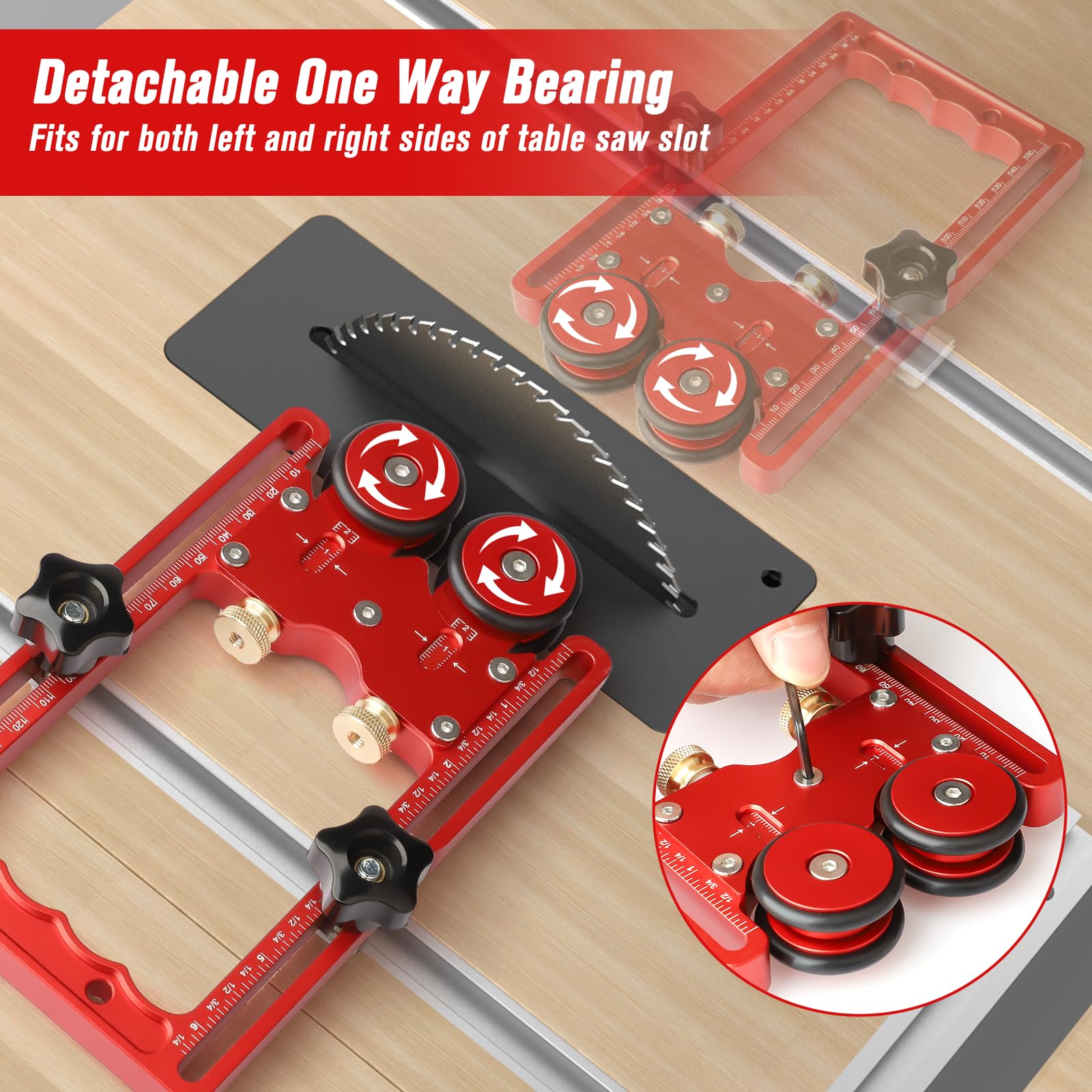 Violetfox featherboard highlights precision scale for accurate thin rip cuts.