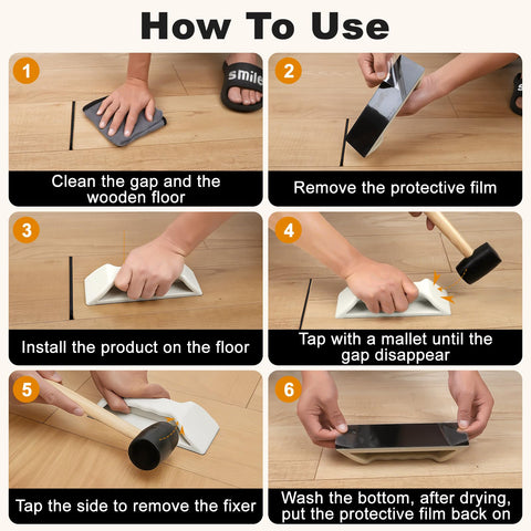 Violetfox Floor Gap Fixer demonstrates easy use with adhesive base and mallet