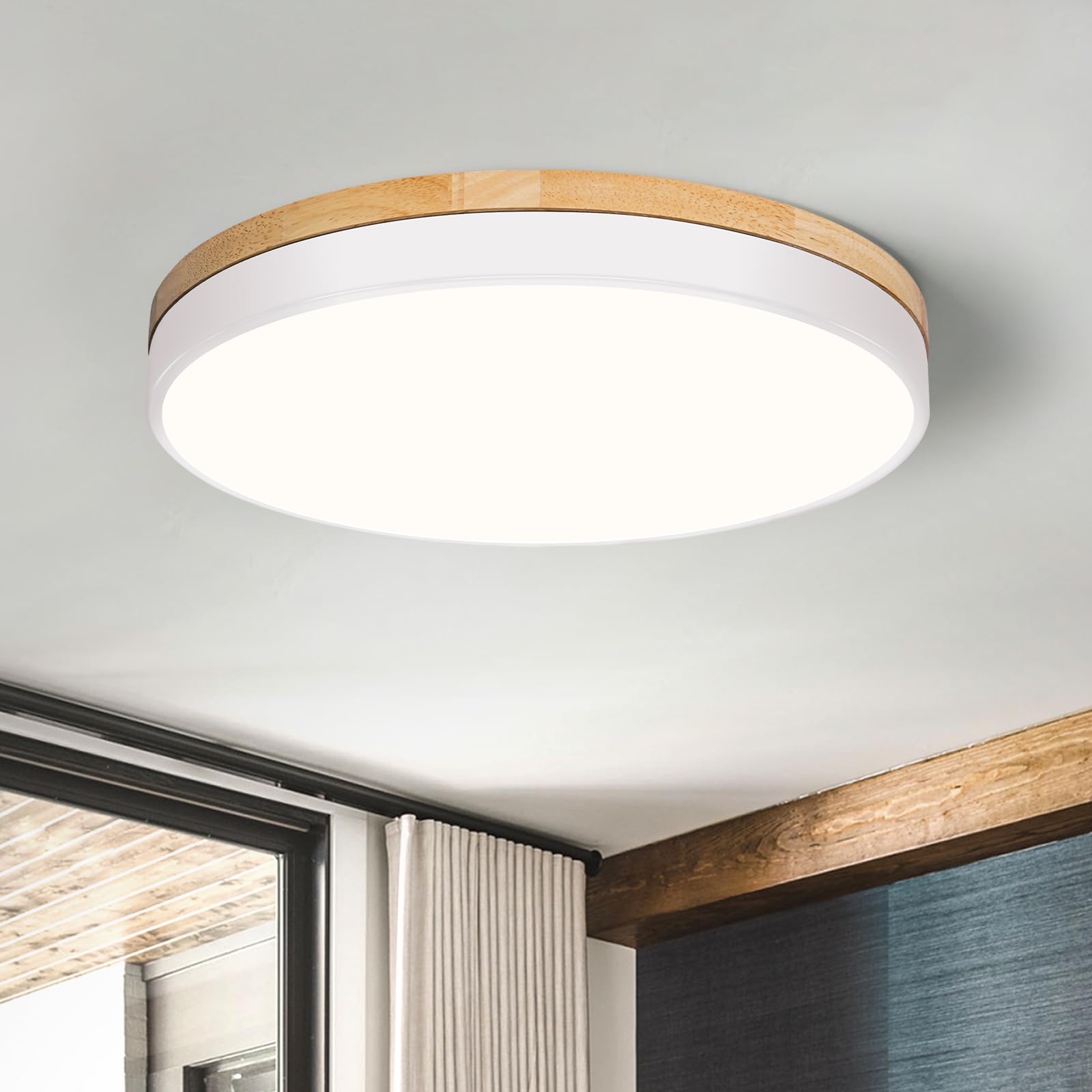 VIOLOEMI modern wood round ceiling light with oak finish provides warm ambient lighting.