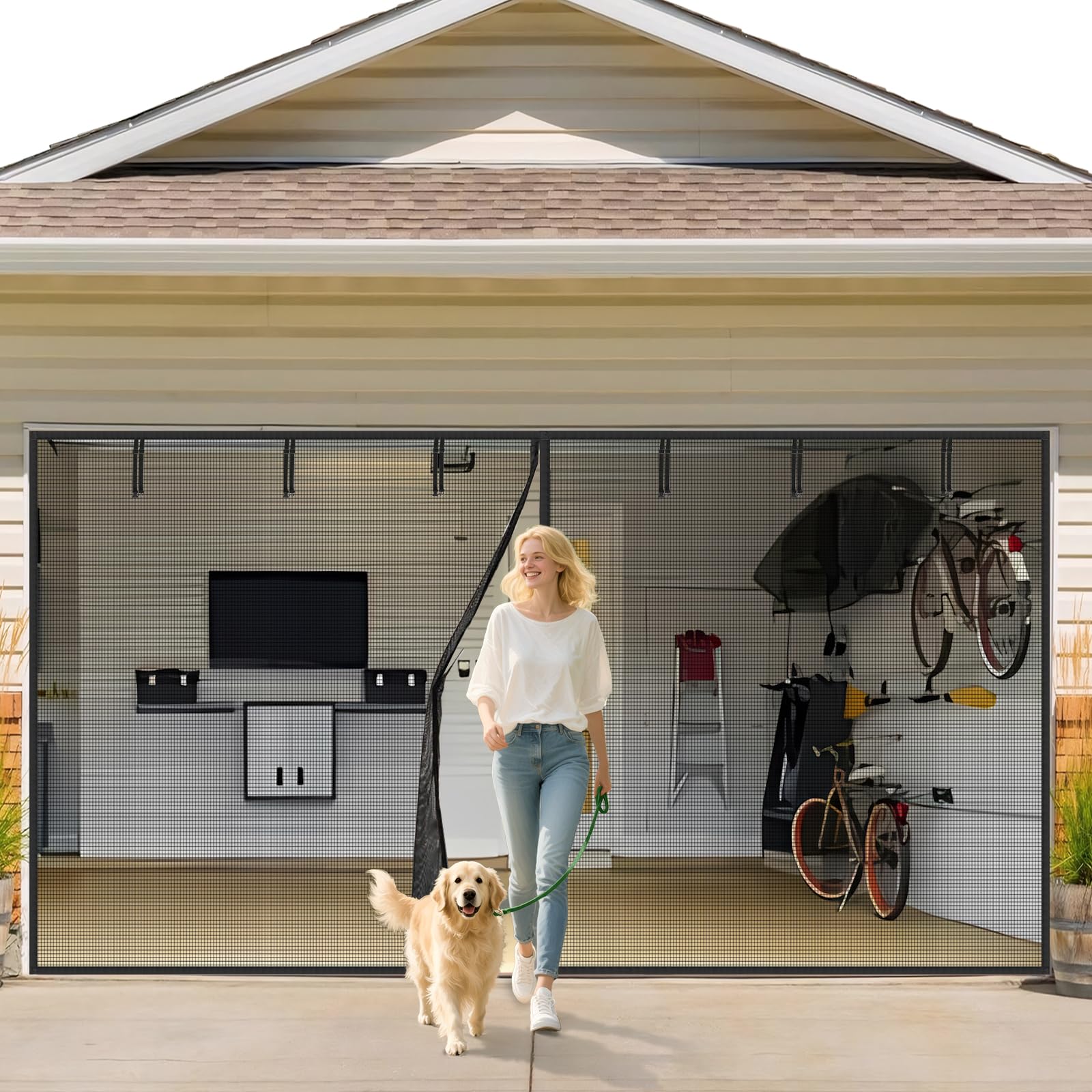 VIOMORL garage door screen 2-car 16x7ft during assembly for easy entry and insect protection