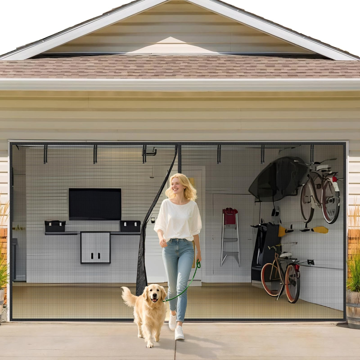 VIOMORL garage door screen 2-car 16x7ft during assembly for easy entry and insect protection