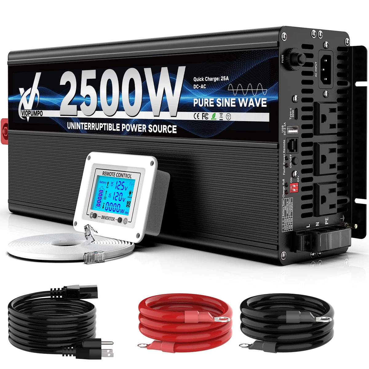 VIOPUMPO 2500W backup system with LCD display shows status during outages