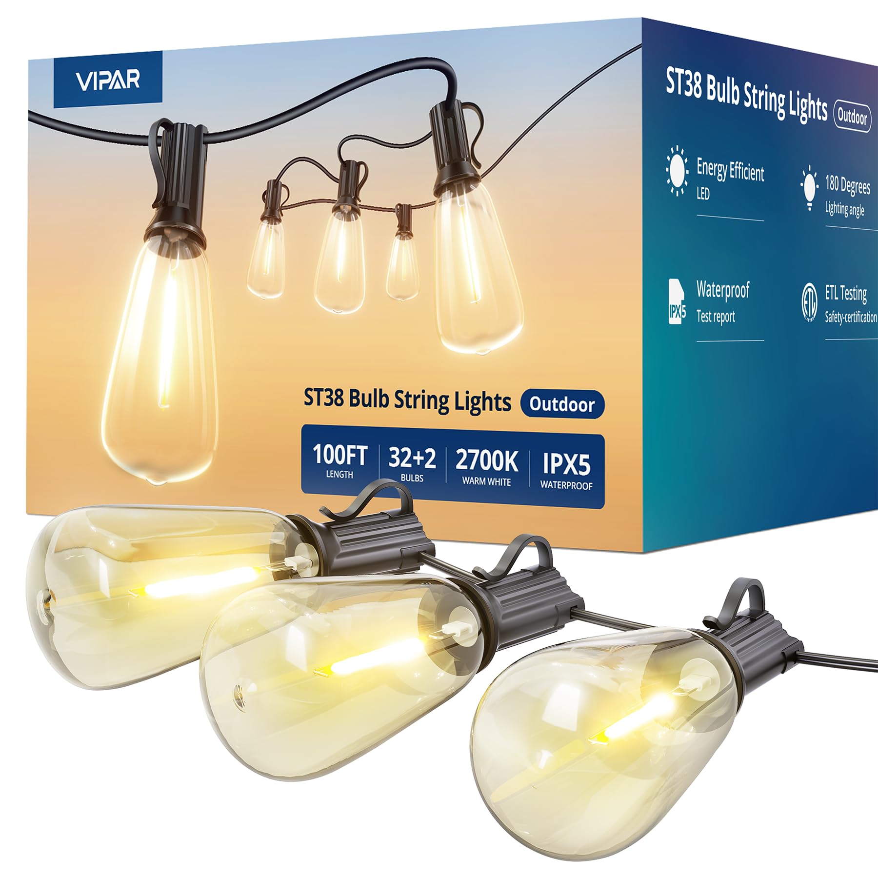 VIPAR LED outdoor string lights illuminate 100ft spaces with warm ambient glow for patios