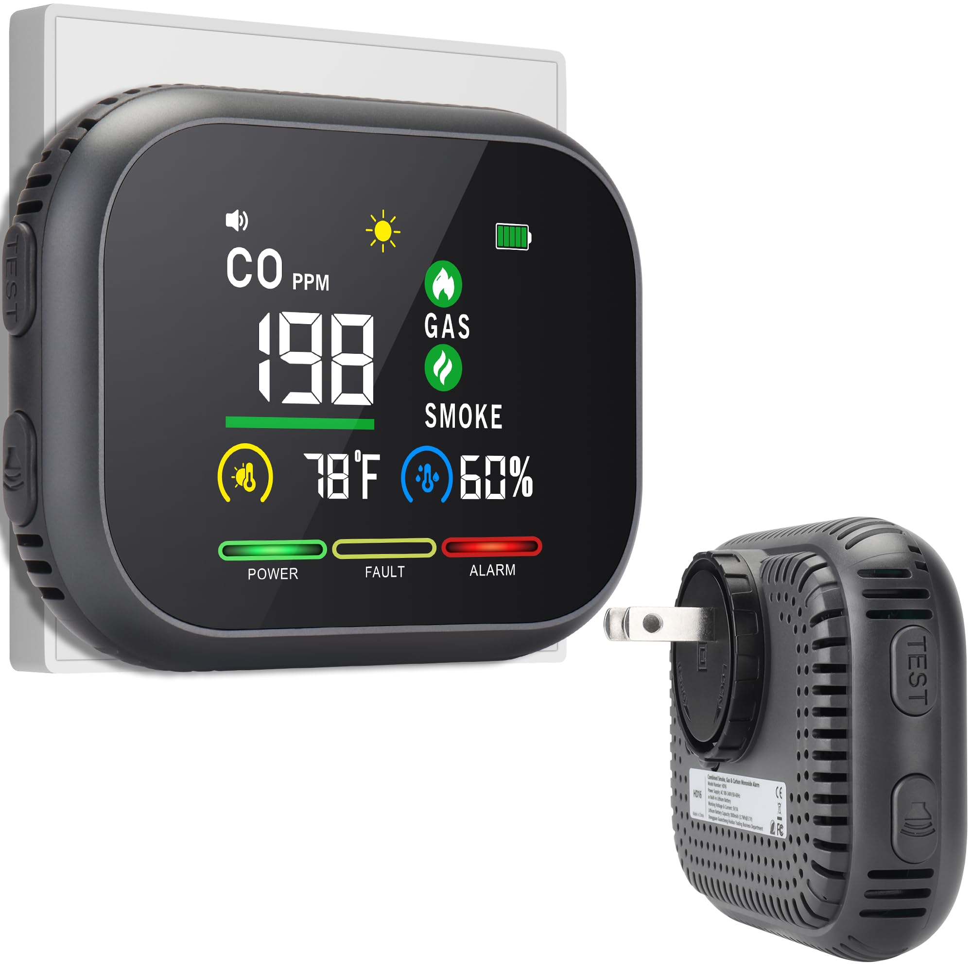 VIPDIGI 5-in-1 CO detector plugged in with front view and alert indicators