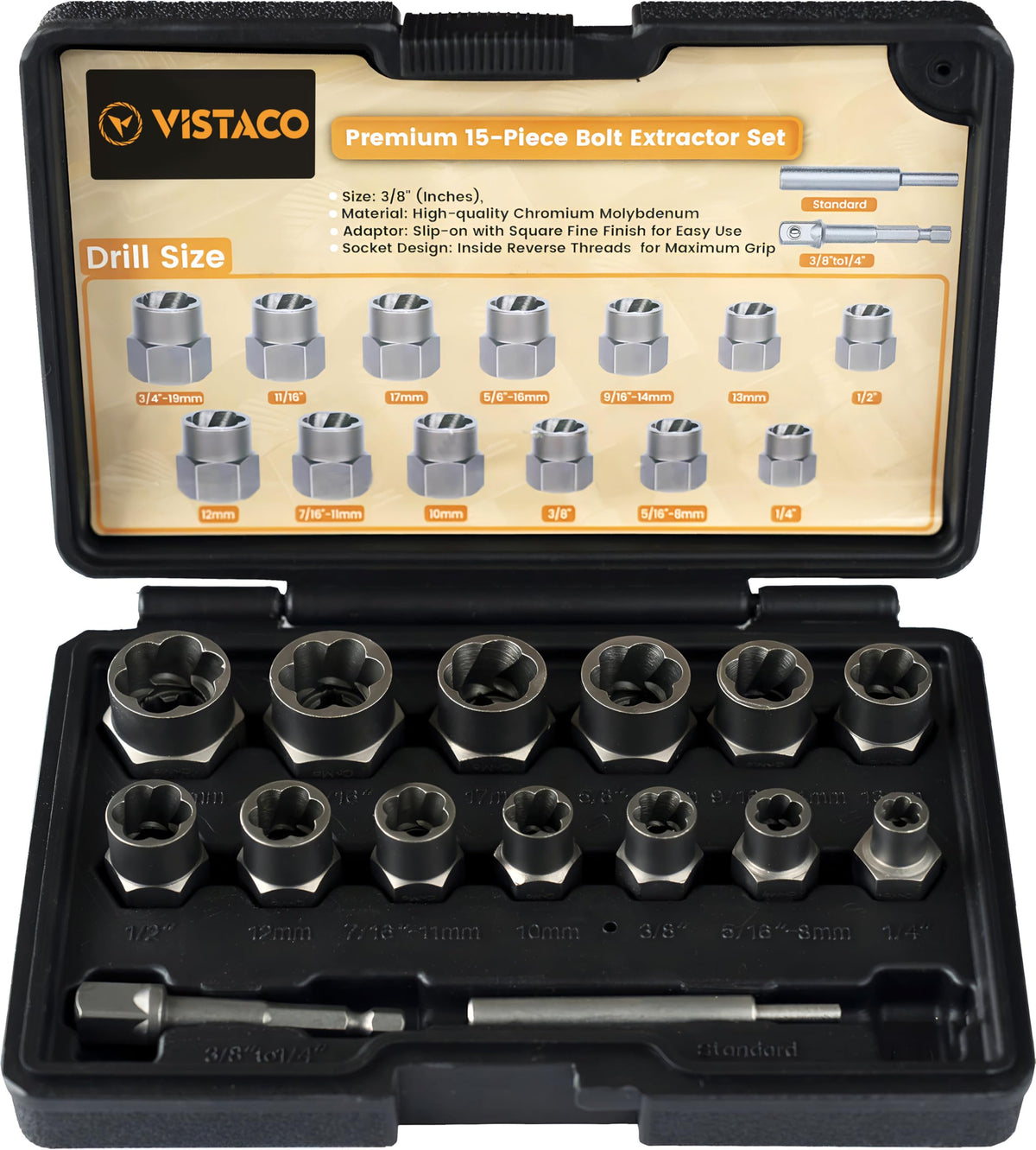 VISTACO Bolt Extractor Kit case open showing organized tools for quick repairs
