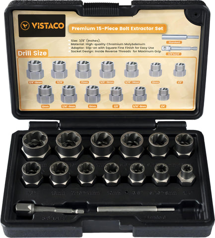 VISTACO Bolt Extractor Kit case open showing organized tools for quick repairs