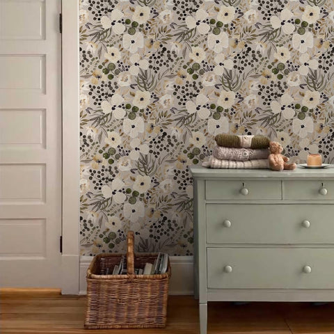 VistaPalette removable vinyl floral wallpaper allows easy repositioning during redesigns