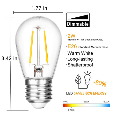 VISTERLITE warm white 2200K S14 bulb provides soft, cozy ambiance.