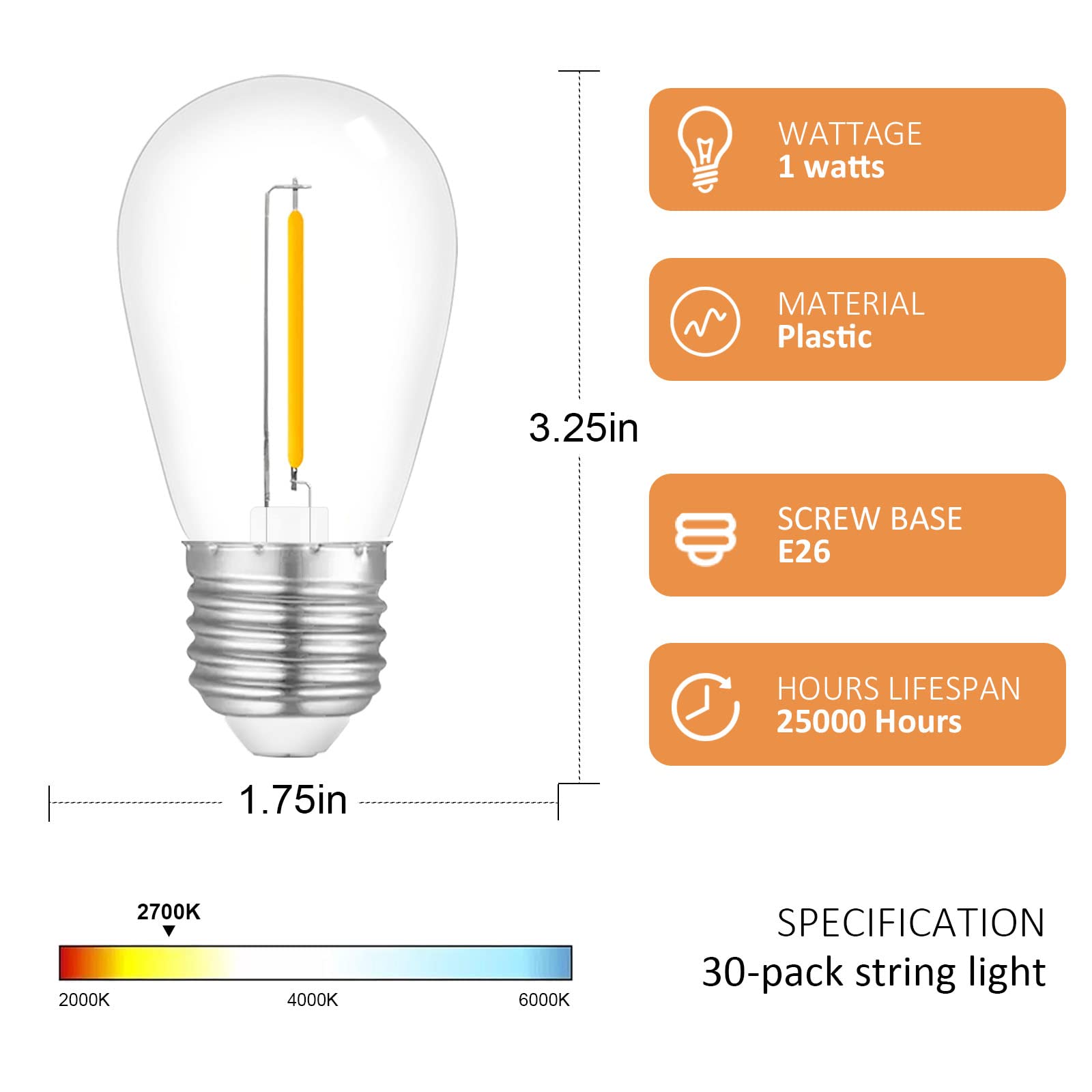 Visther S14 LED base E26 for steady outdoor string light illumination.