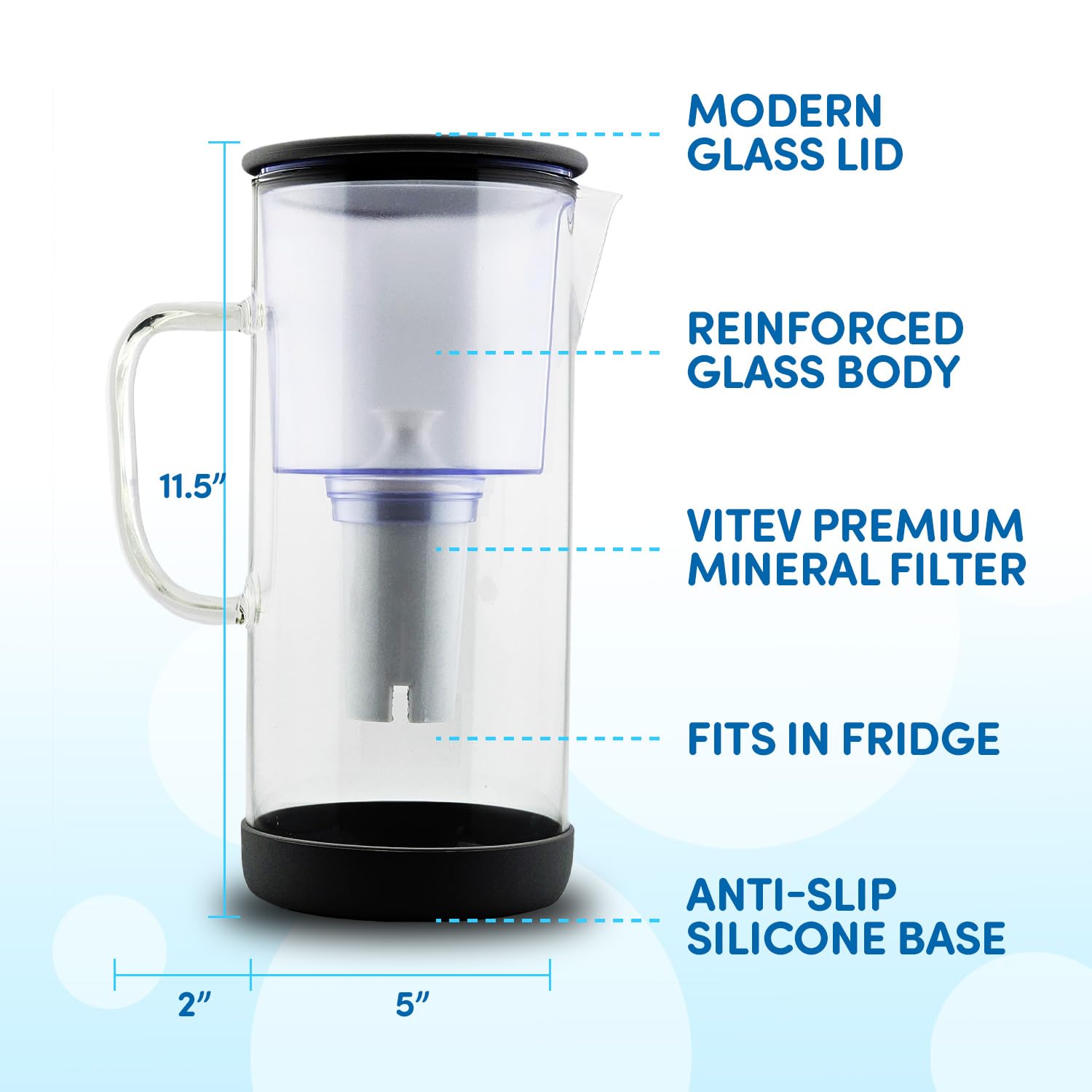 Vitev Brita-compatible filter option for flexible replacement choices.