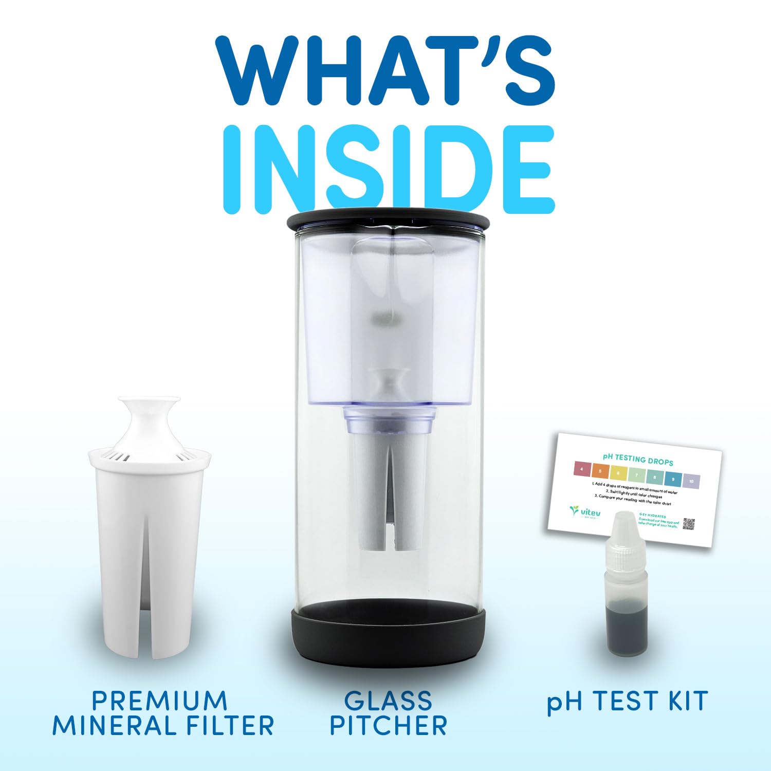 Vitev fridge-ready pitcher fits under typical fridge shelves for cold water.