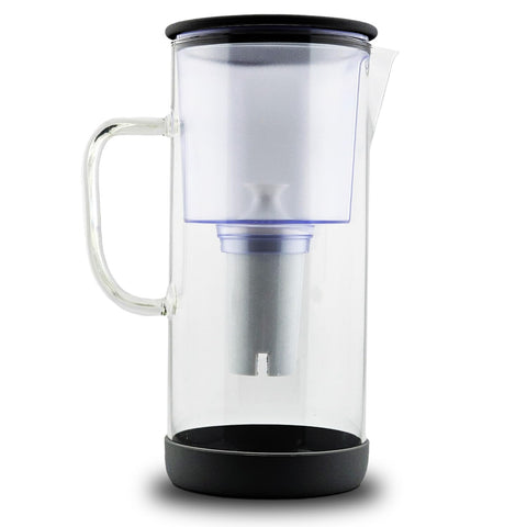 Vitev glass pitcher with mineral filter enhances water taste and balance.