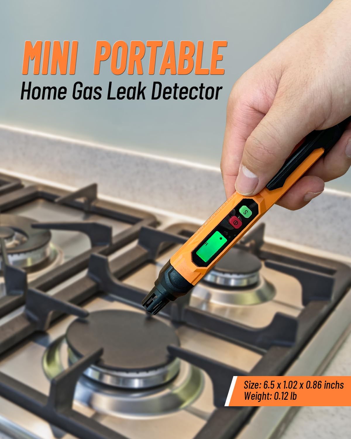 VITITE gas leak detector orange clipped on collar showing portability for RV use