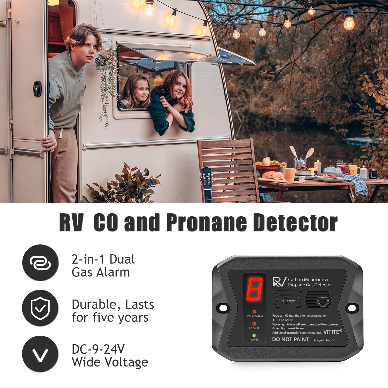 VITITE RV CO/LP detector 85dB alarm for early notifications.