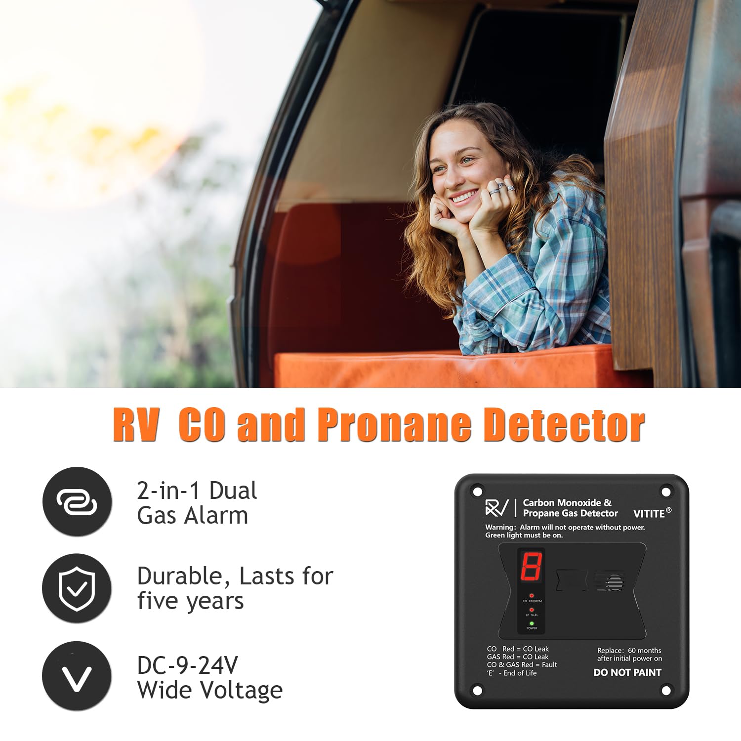 VITITE RV CO/LP detector digital display shows real-time levels.