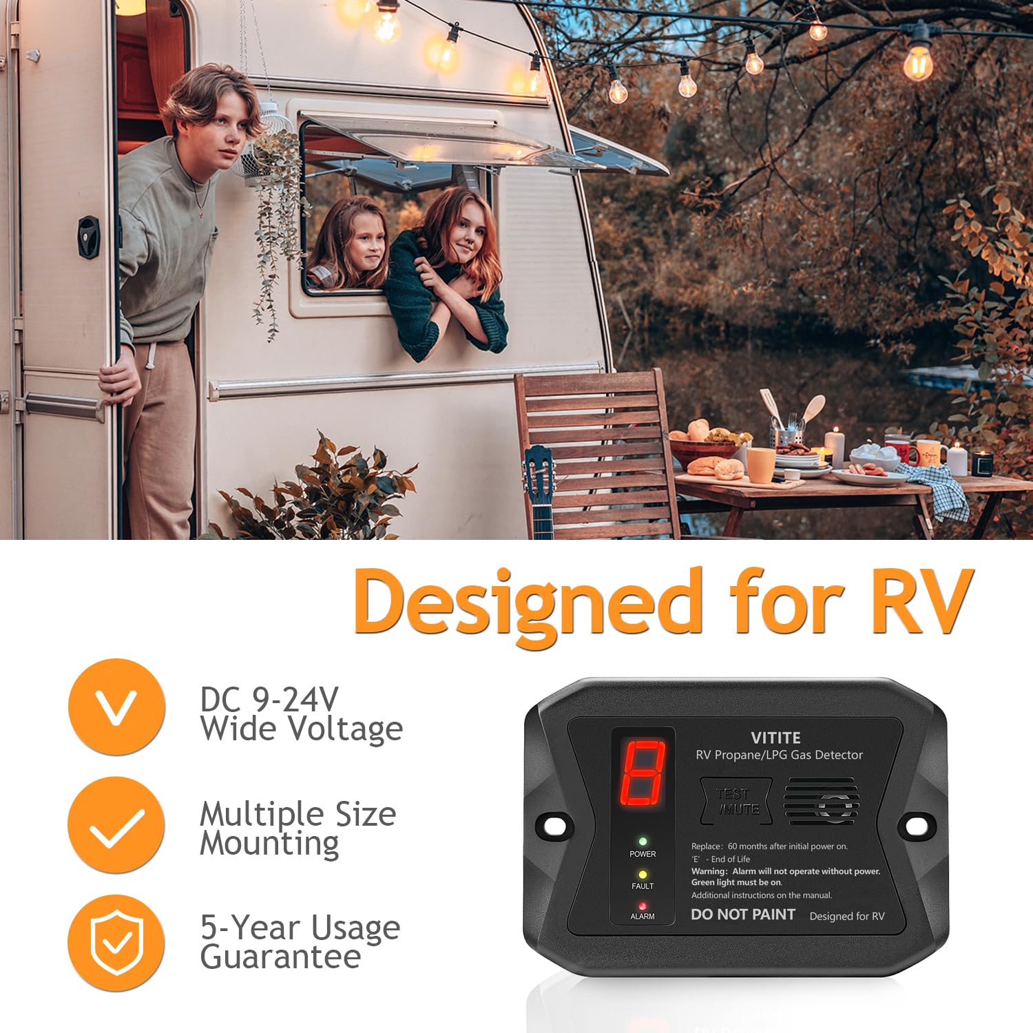 VITITE RV propane detector with 85dB alarm signals a leak clearly.
