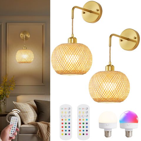 Vitnucrol gold wall sconce front view with rattan design for warm farmhouse lighting.