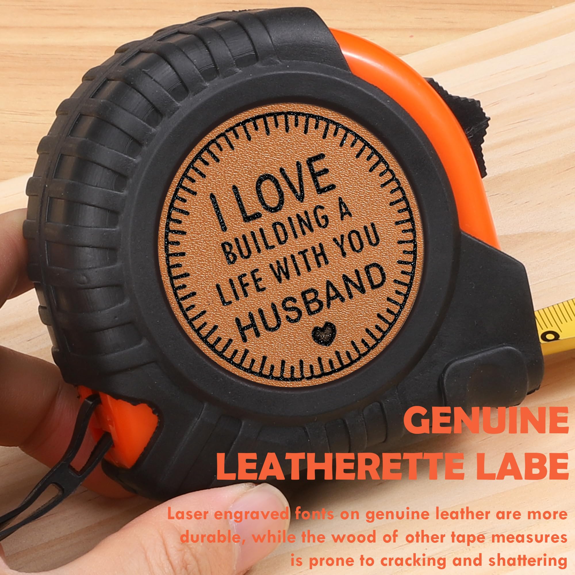 Vivagifts engraved tape measure close-up showing leather and craftsmanship.