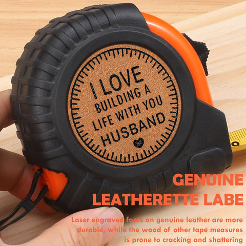 Vivagifts engraved tape measure close-up showing leather and craftsmanship.