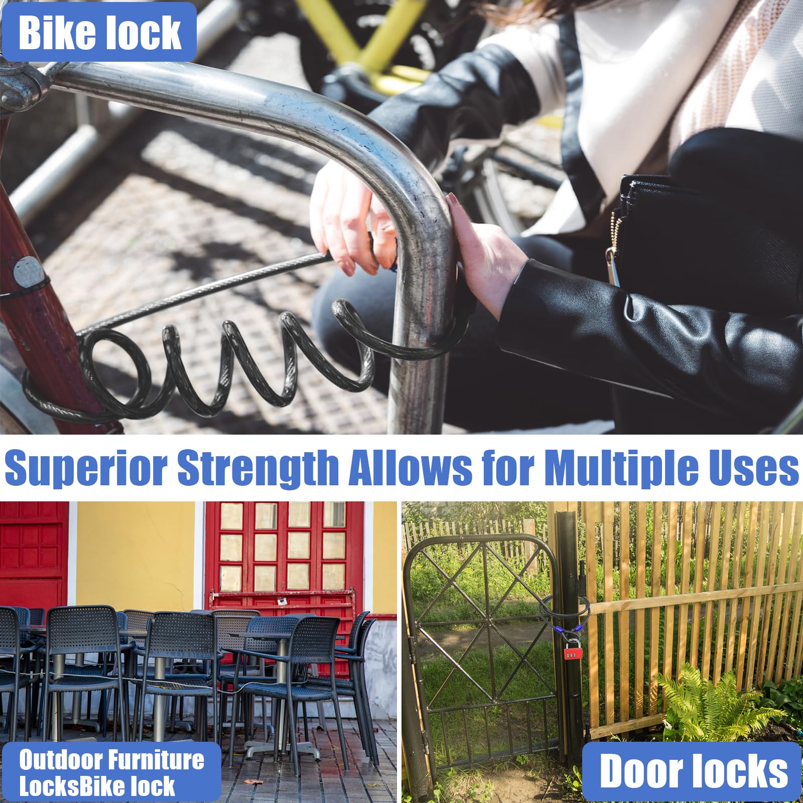 VIVBOO outdoor-ready cable protecting bikes, grills, and tools.