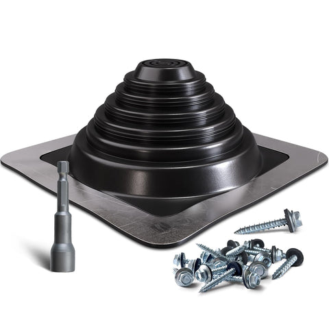 VIVIDA 3 metal roof pipe flashing square base on corrugated roof for a secure seal.