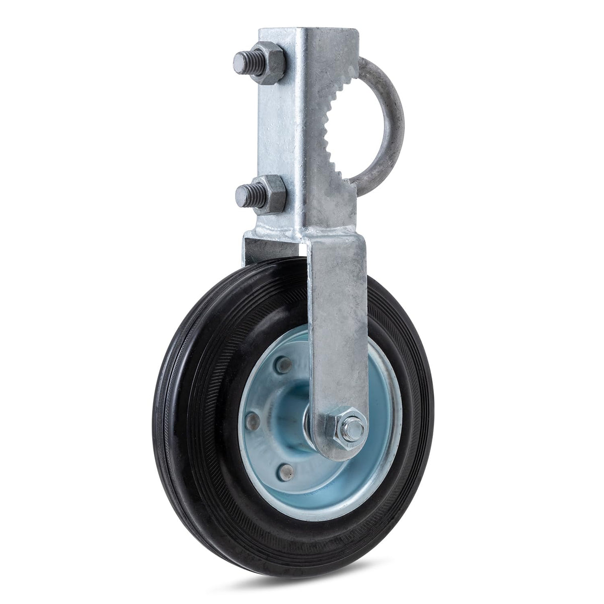 VIVIDA gate wheels installed on a metal tube gate for smoother operation.