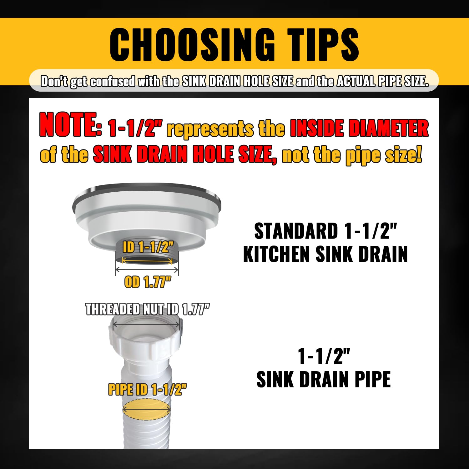 VIVIDA compatible with 1-1/2 and 1-1/4 inch pipes for kitchens or baths
