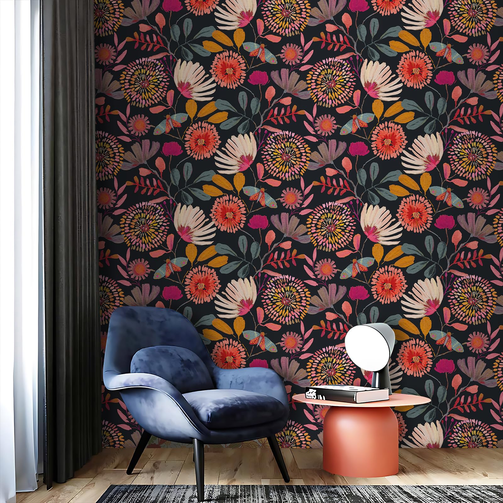 Vividpatch floral wallpaper in navy, pink, and orange tones brightening a living space