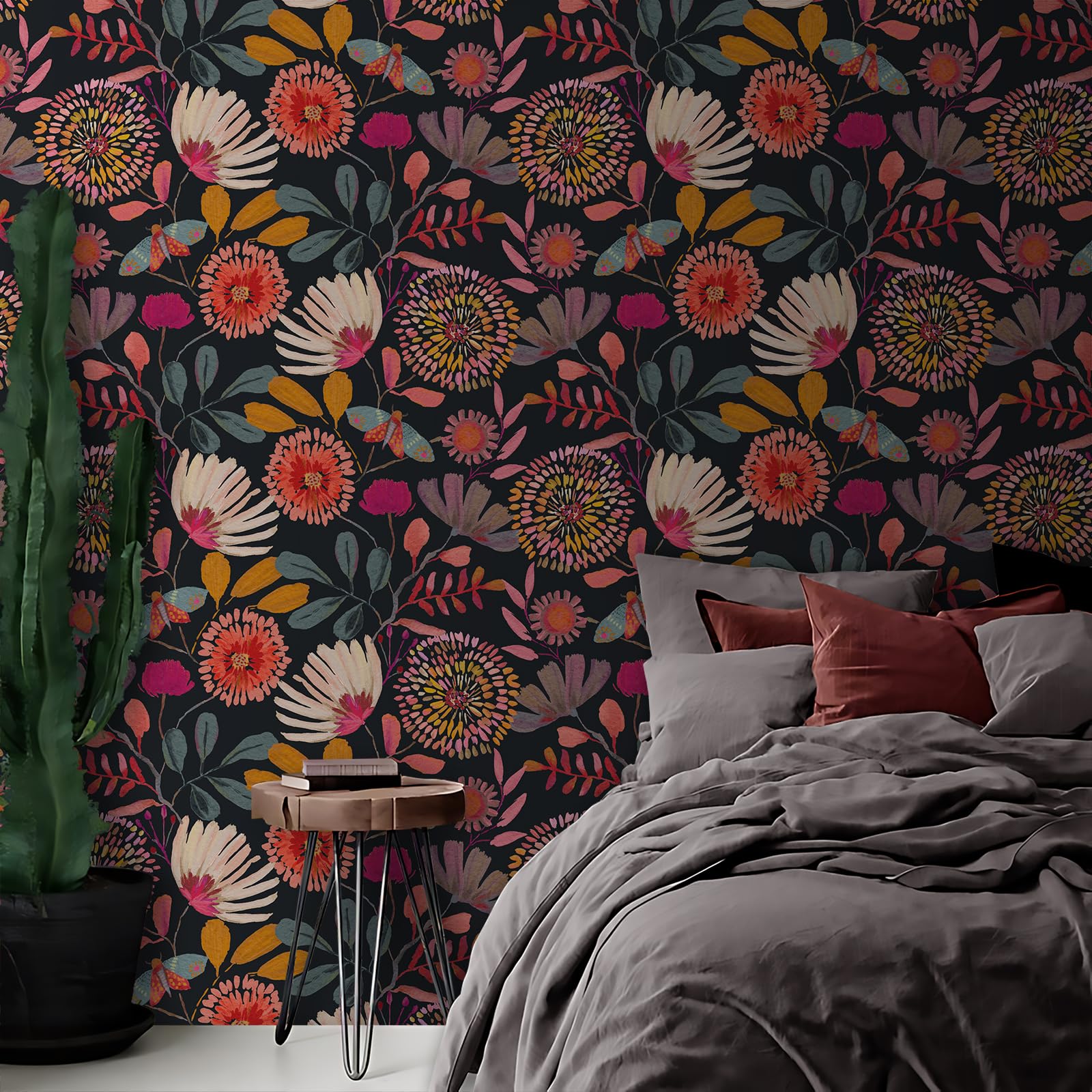 Vividpatch living room accent wall with botanical pattern in navy pink orange