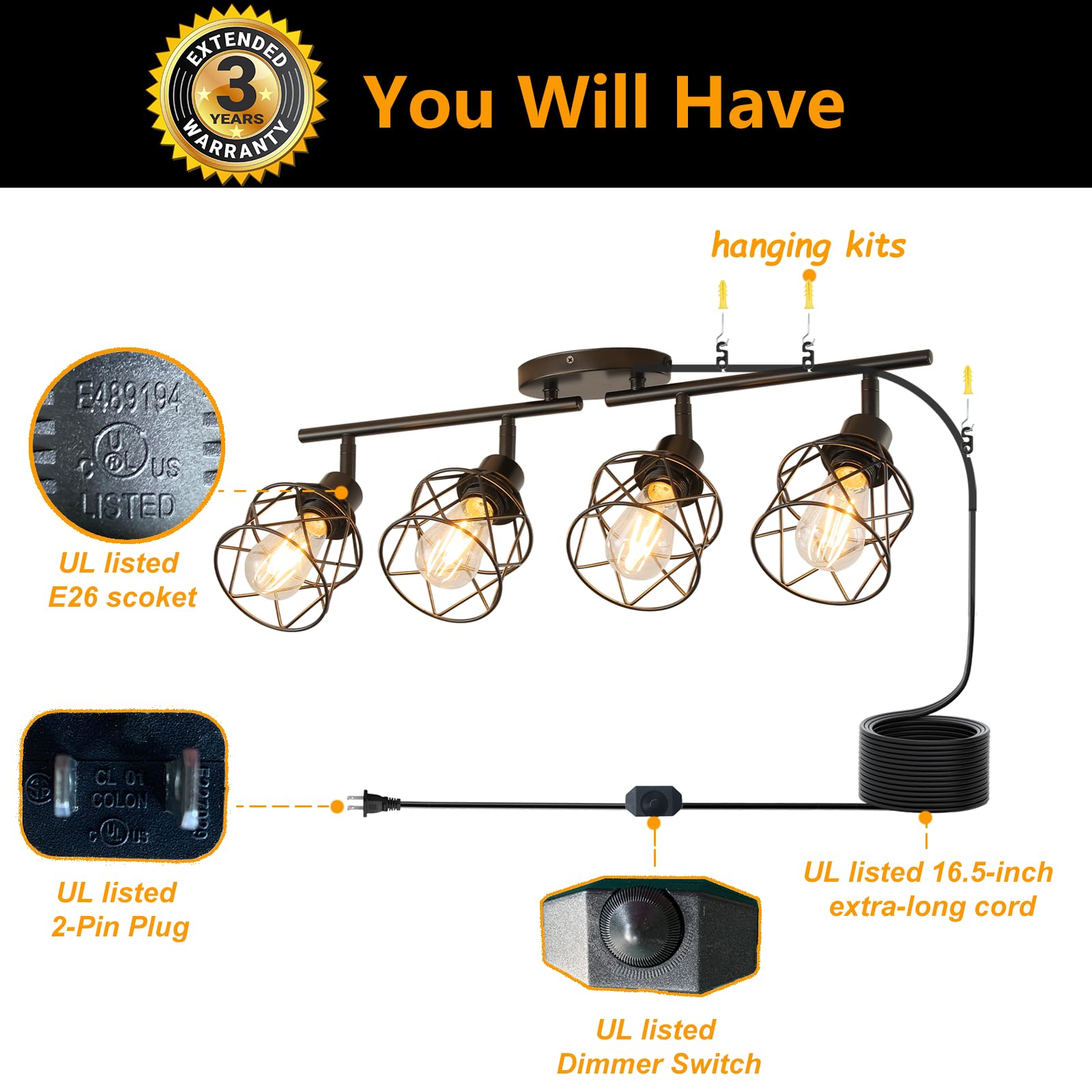 vivihobb 16.5-foot cord and dimming switch for flexible placement