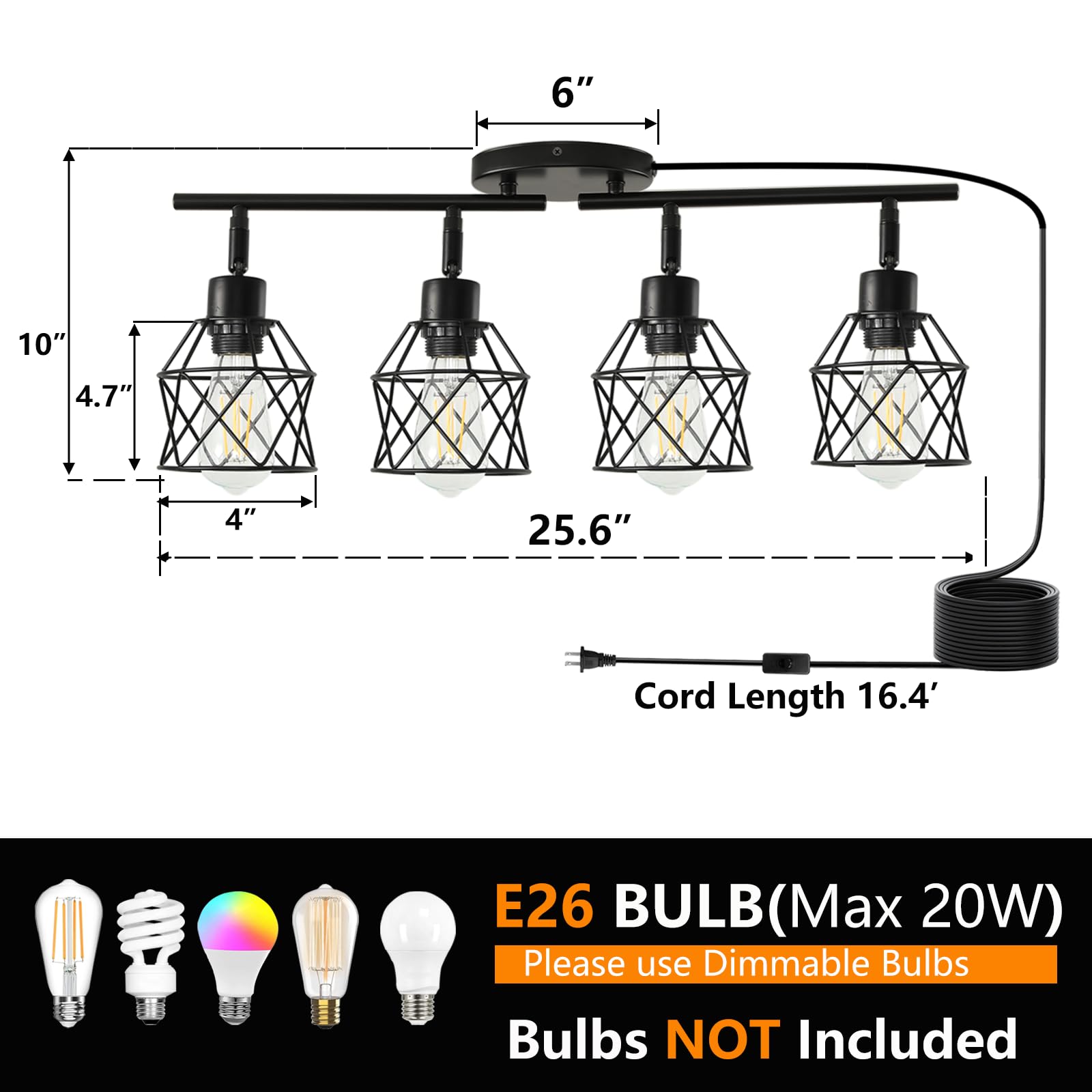 vivihobb four E26 dimmable bulbs required, bulbs not included
