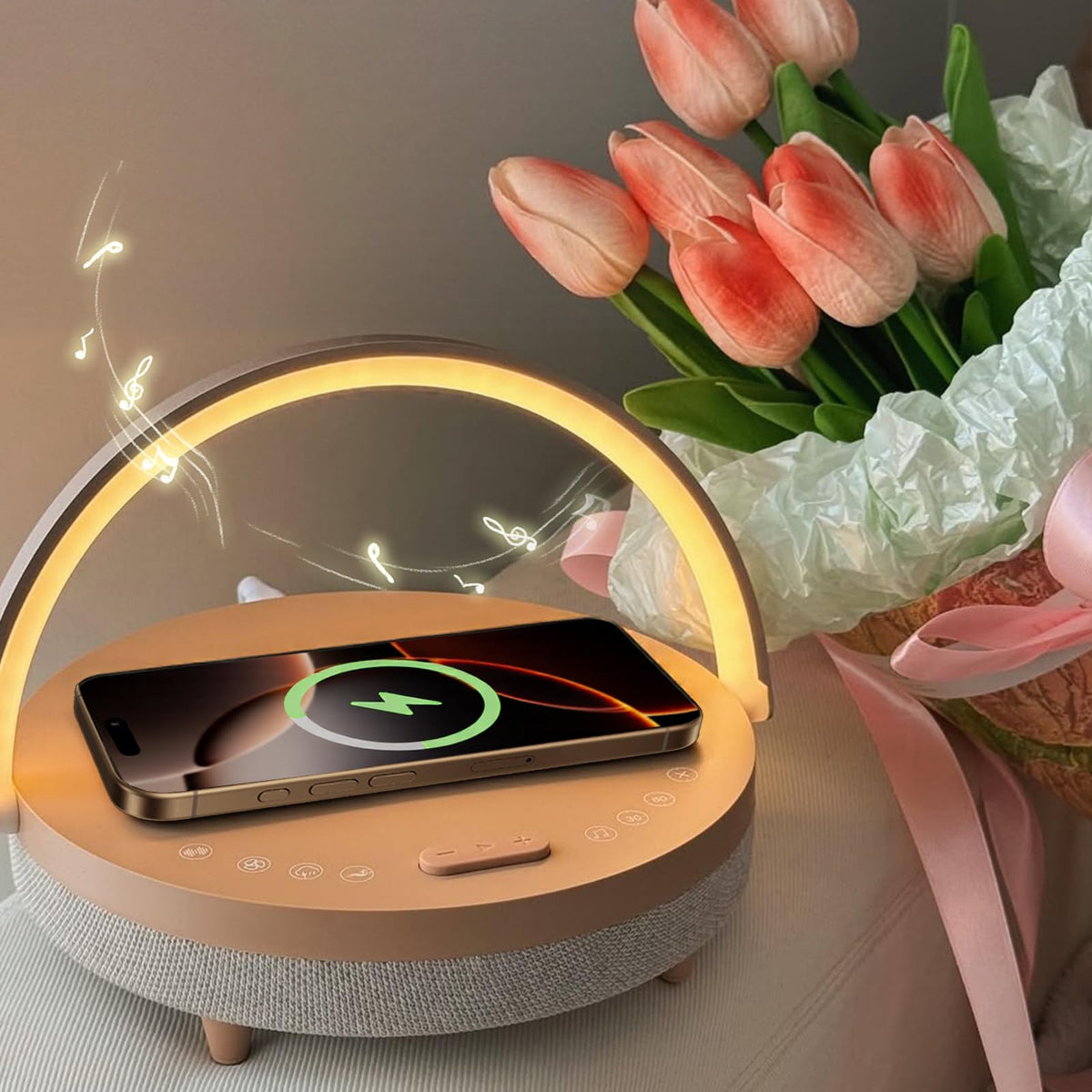 Vivilumens 6in1 bedside lamp displaying multiple functions for nightstand convenience