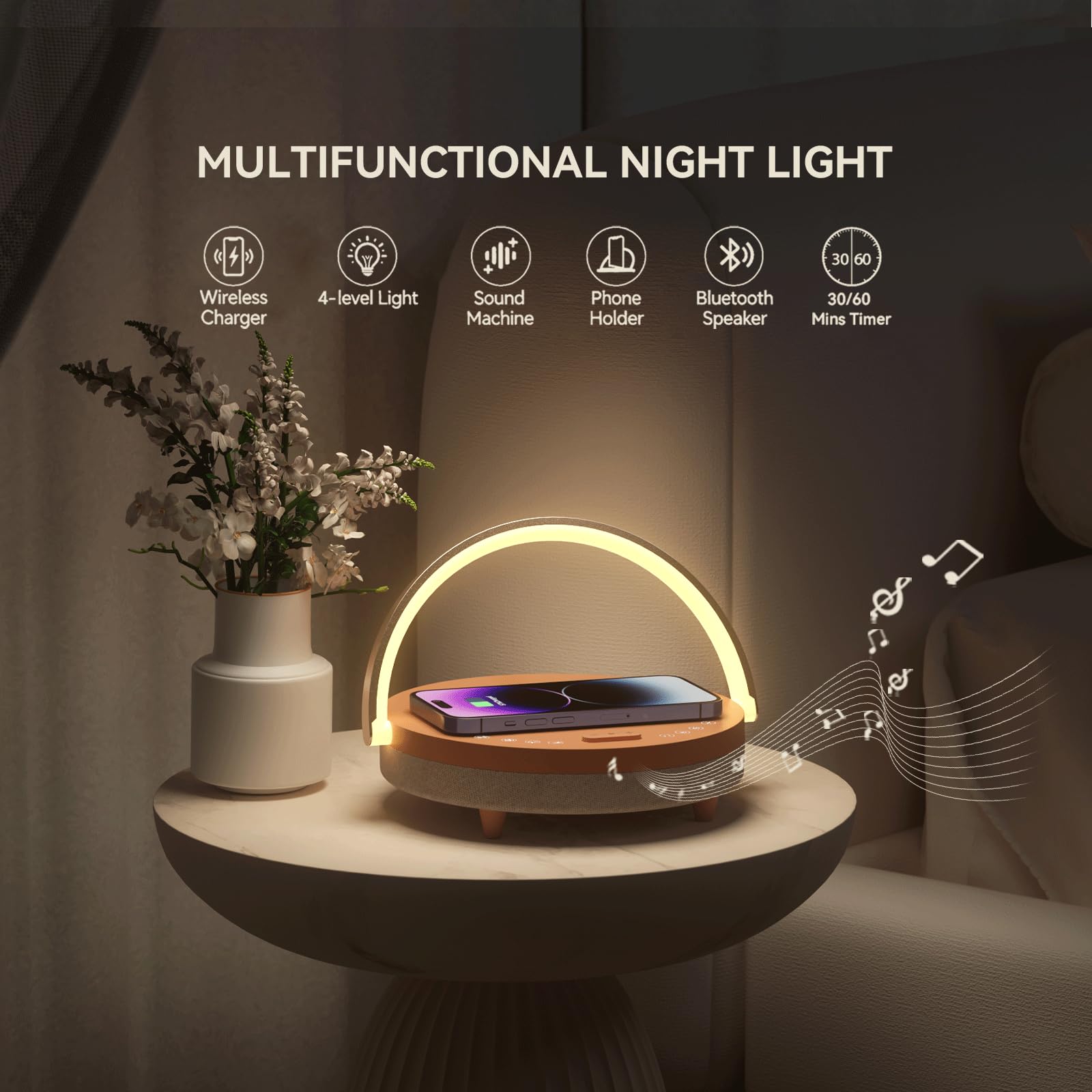 Vivilumens bedside lamp Bluetooth speaker playing music with soft glow