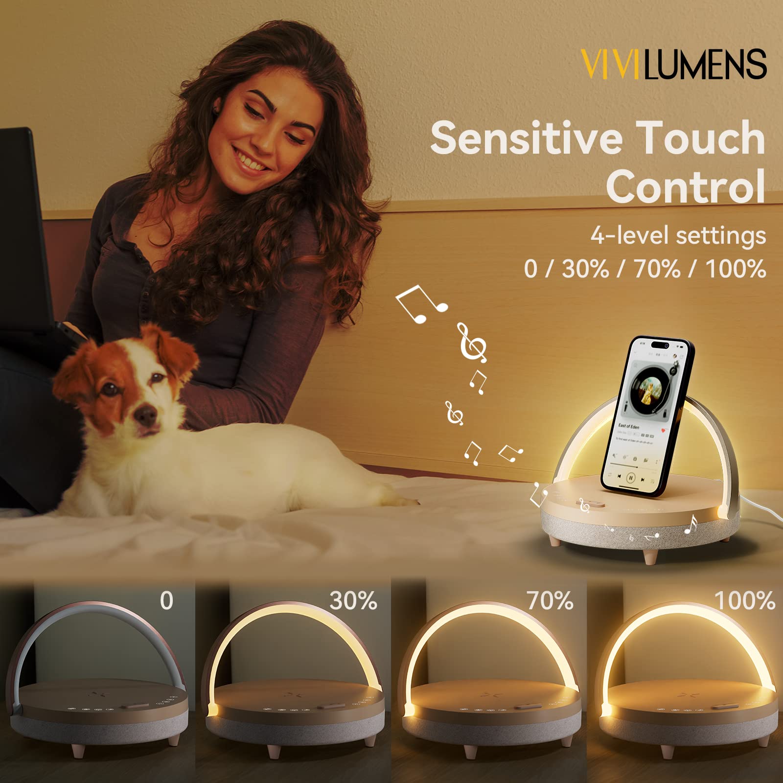 Vivilumens bedside lamp white noise option providing calming sounds