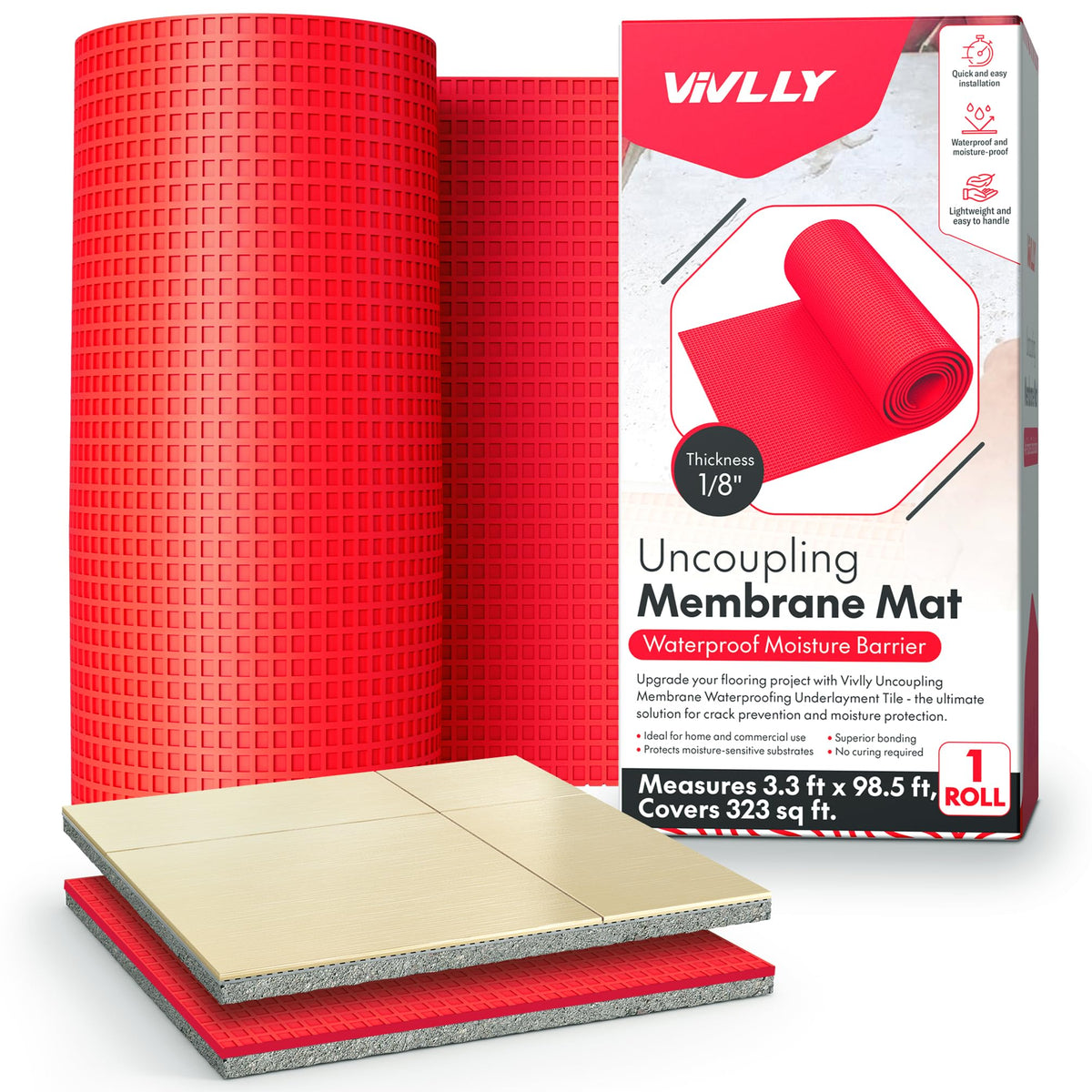 Vivlly uncoupling membrane roll laid for tile installation, movement control.