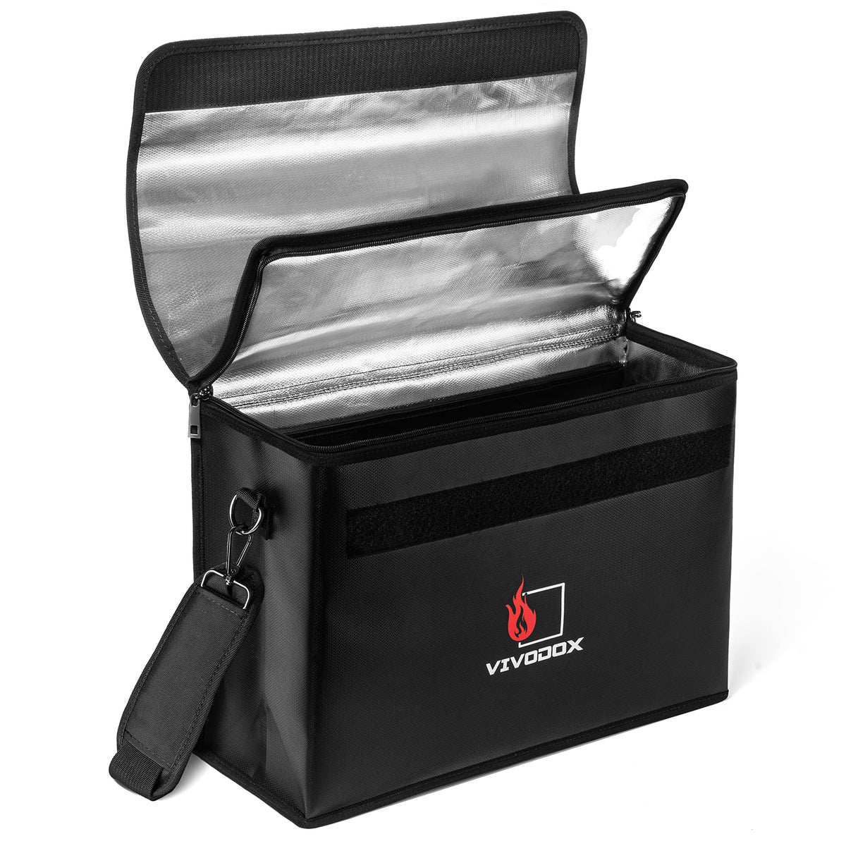 Vivodox fireproof document bag open showing wide access for binders