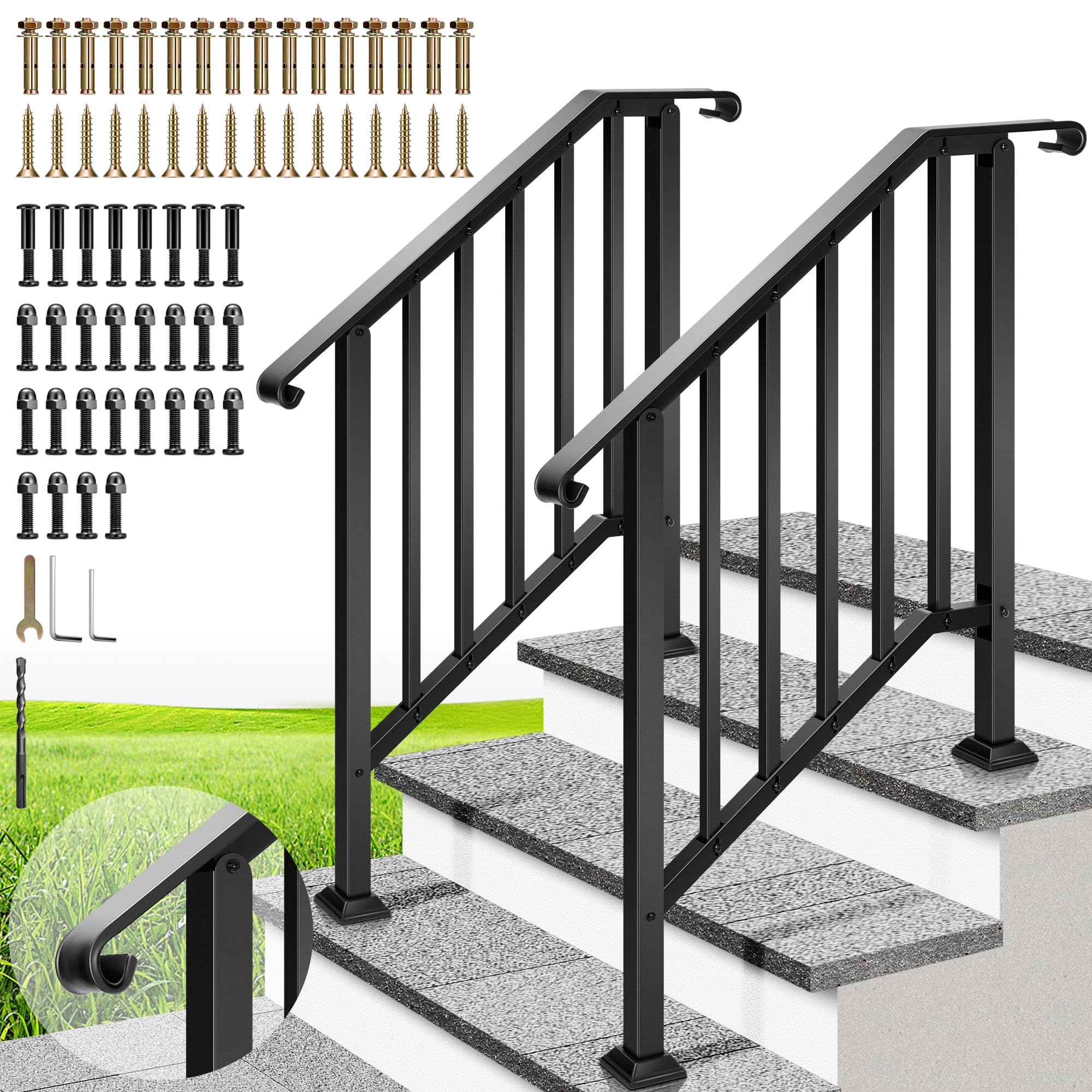 VIVOHOME two-pack 3-step galvanized hand rails with curved ends for sturdy outdoor stairs.