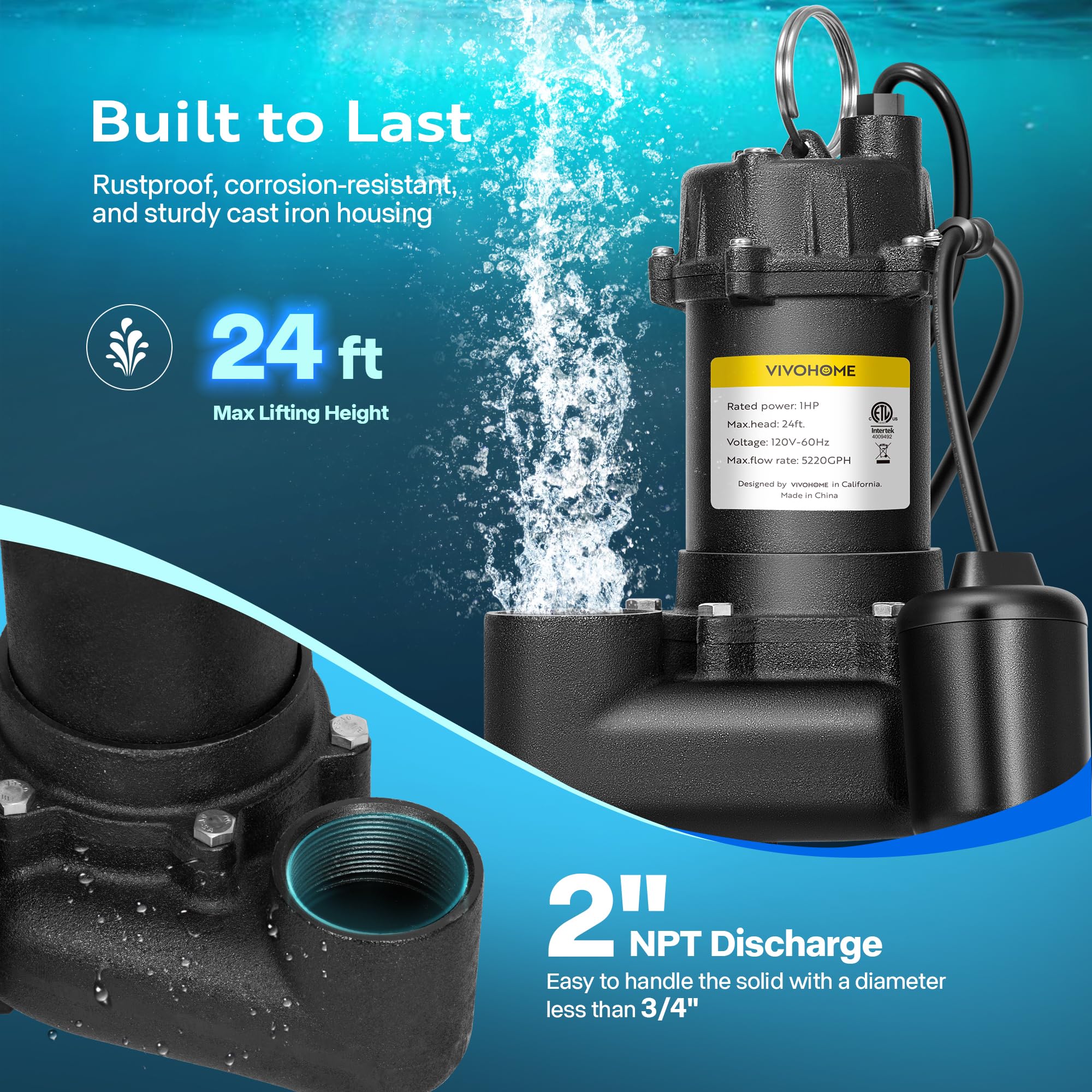 2-inch NPT discharge connects to standard plumbing lines efficiently.