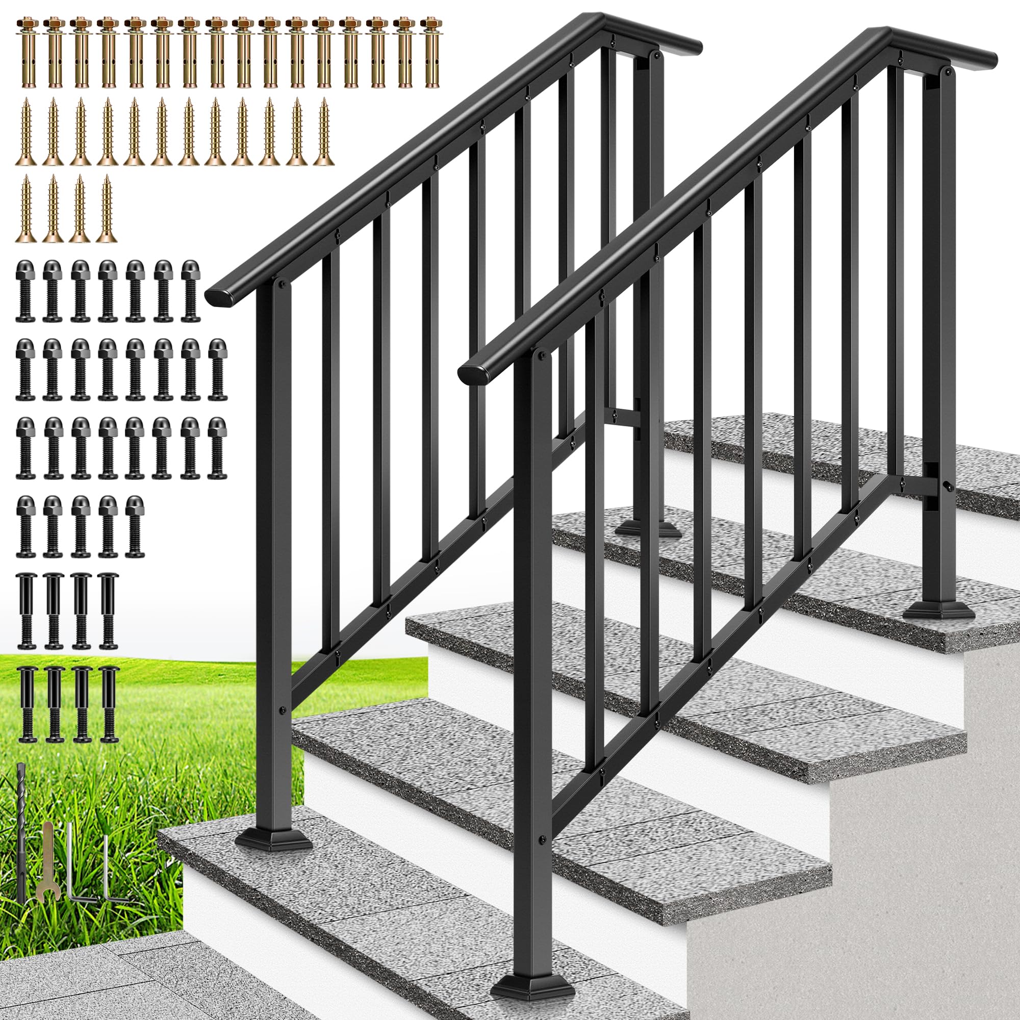 VIVOHOME 2-pack 4-step handrail set on outdoor stairs enhances family safety and style.
