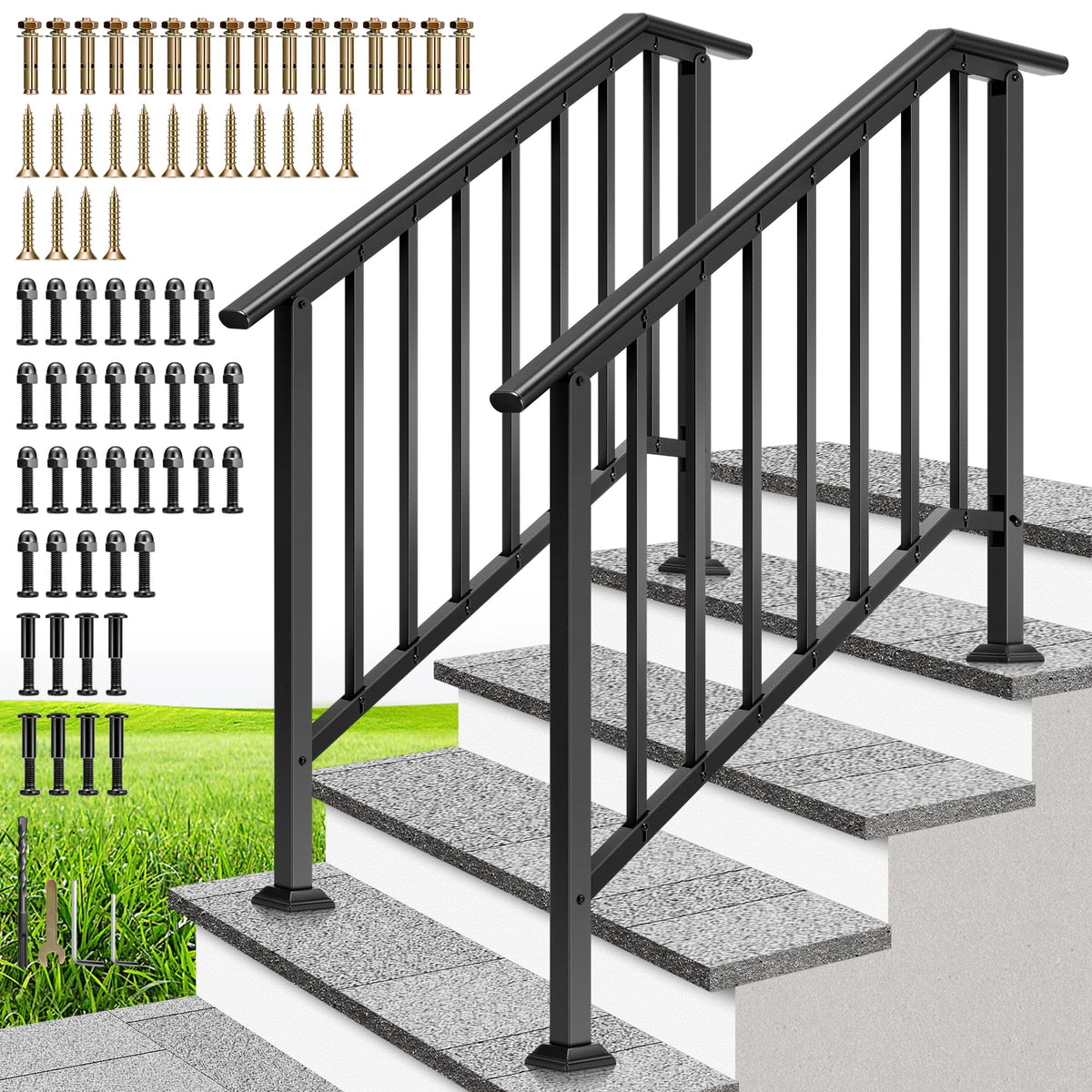 VIVOHOME 2-pack 4-step handrail set on outdoor stairs enhances family safety and style.