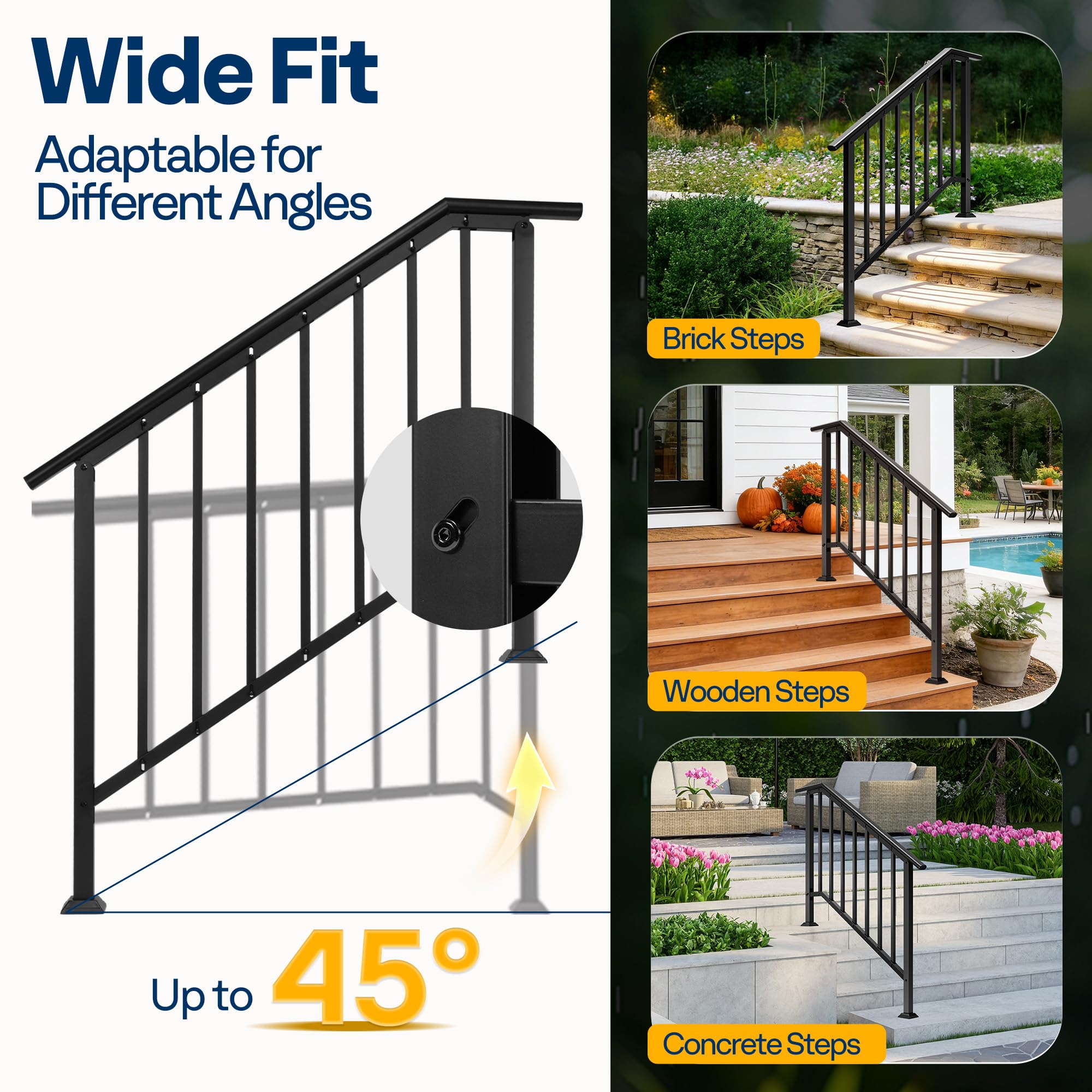 VIVOHOME adjustable-height handrail suits varied stair dimensions and heights.