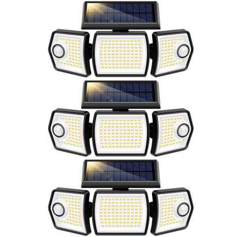 VIVOHOME three-head solar flood light front view, broad yard illumination