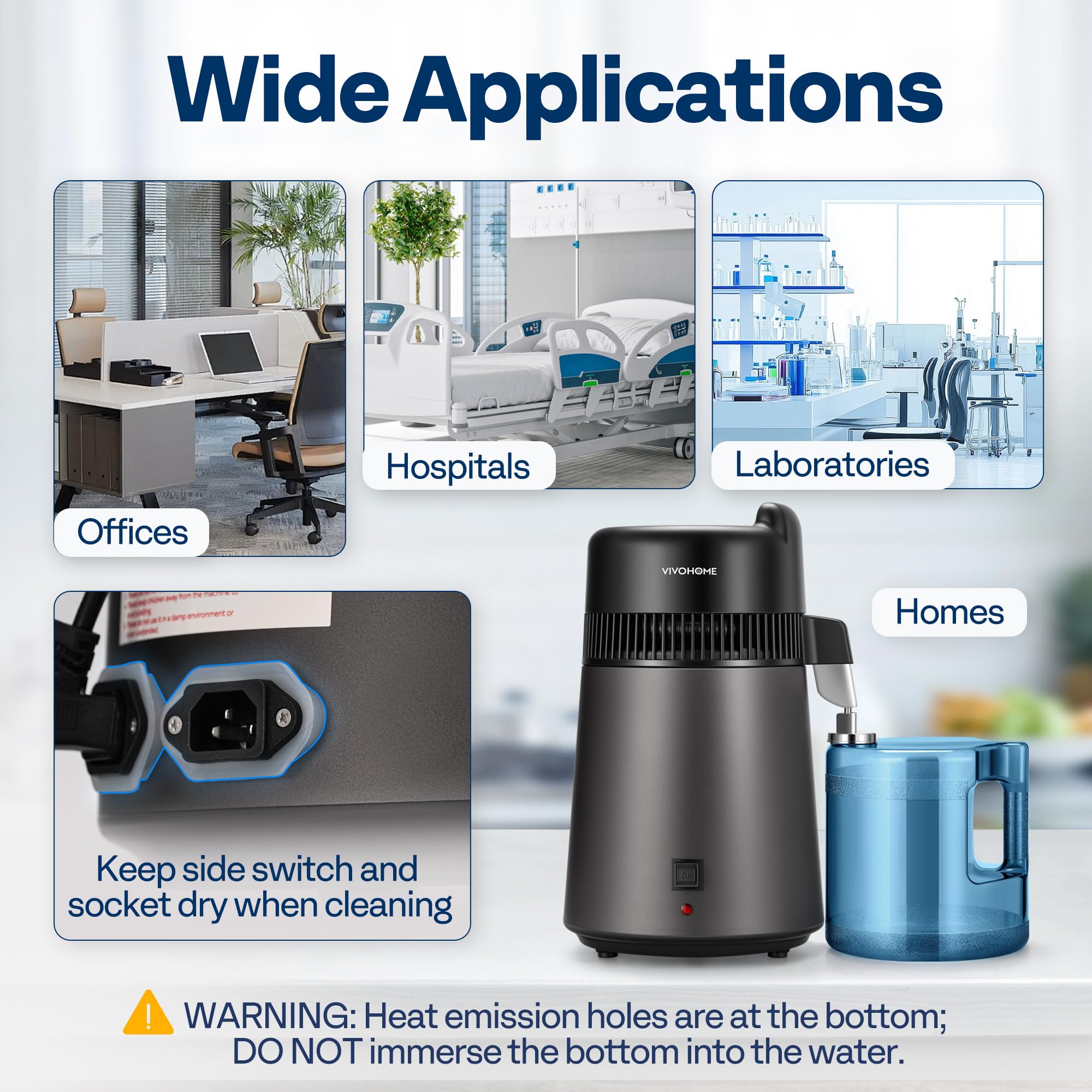 Vivohome distiller base and power switch highlight safety and quick start