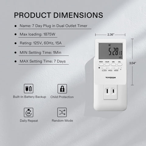 VIVOSUN timer dual outlets ready to power two devices simultaneously while saving energy