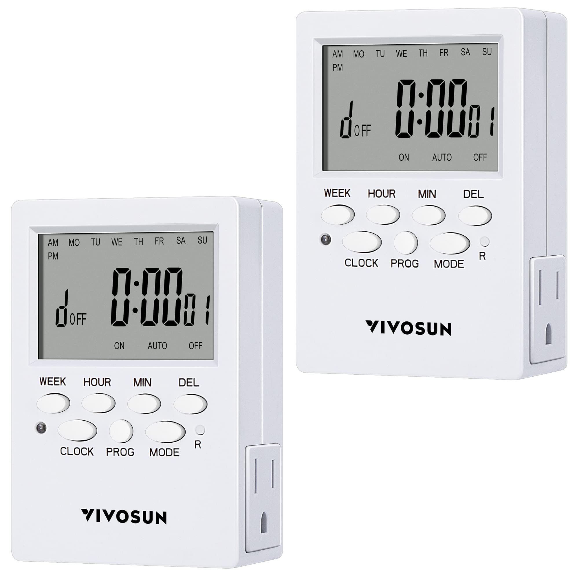 VIVOSUN 7‑Day Timer front view with dual outlets for automated lighting and appliances